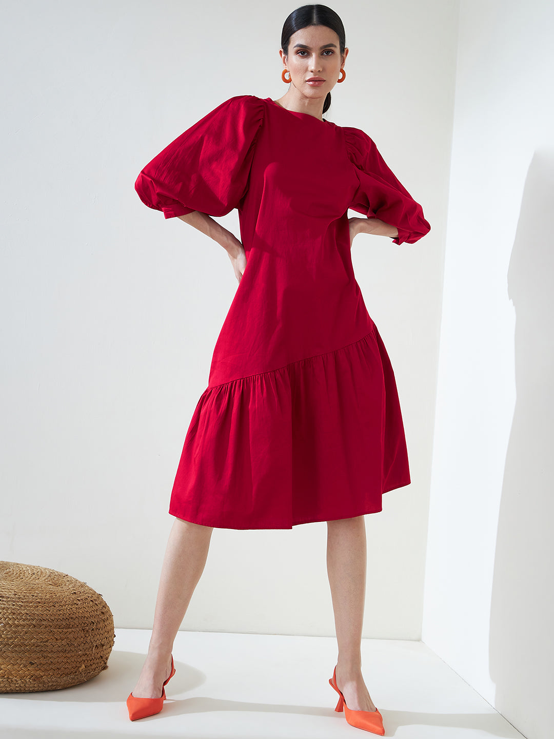 Red Cotton Asymmetric Tiered Midi Dress