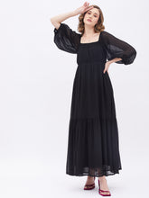 Black Dobby Ruched Tiered Maxi Dress