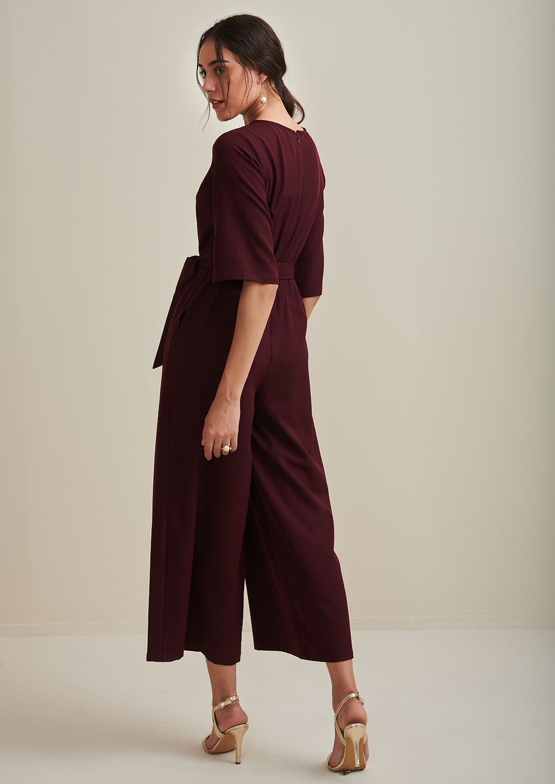 Wine Button Down Flared Jumpsuit