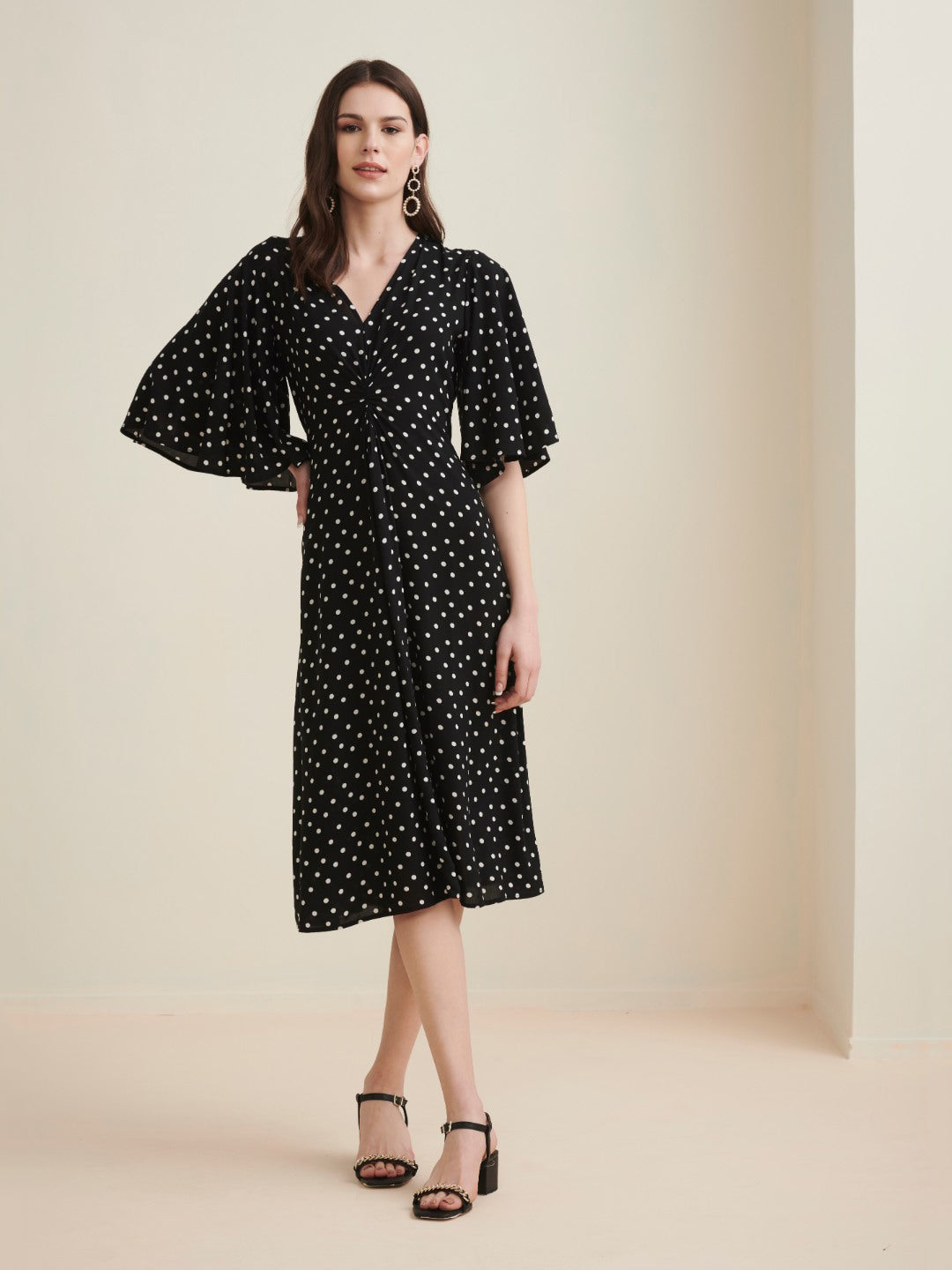 Black Polka Front Knotted Midi Dress