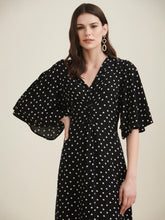 Black Polka Front Knotted Midi Dress