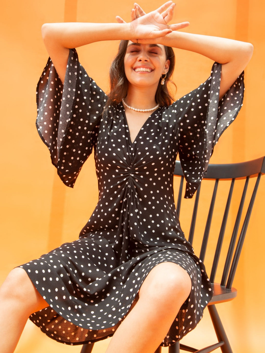 Black Polka Front Knotted Midi Dress