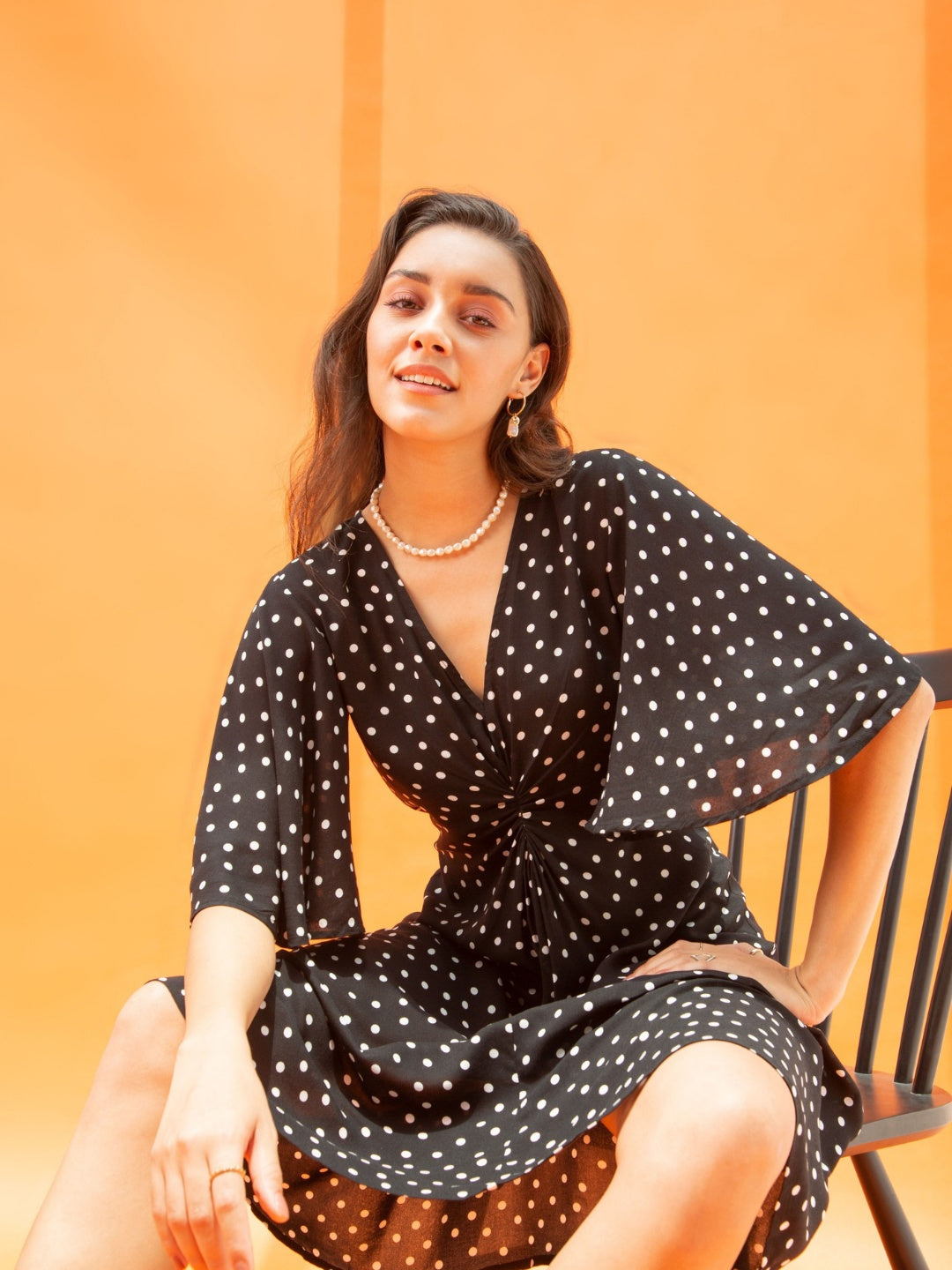 Black Polka Front Knotted Midi Dress