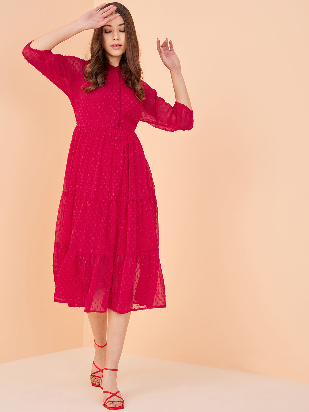 Red Dobby Tiered Midi Dress