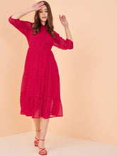 Red Dobby Tiered Midi Dress