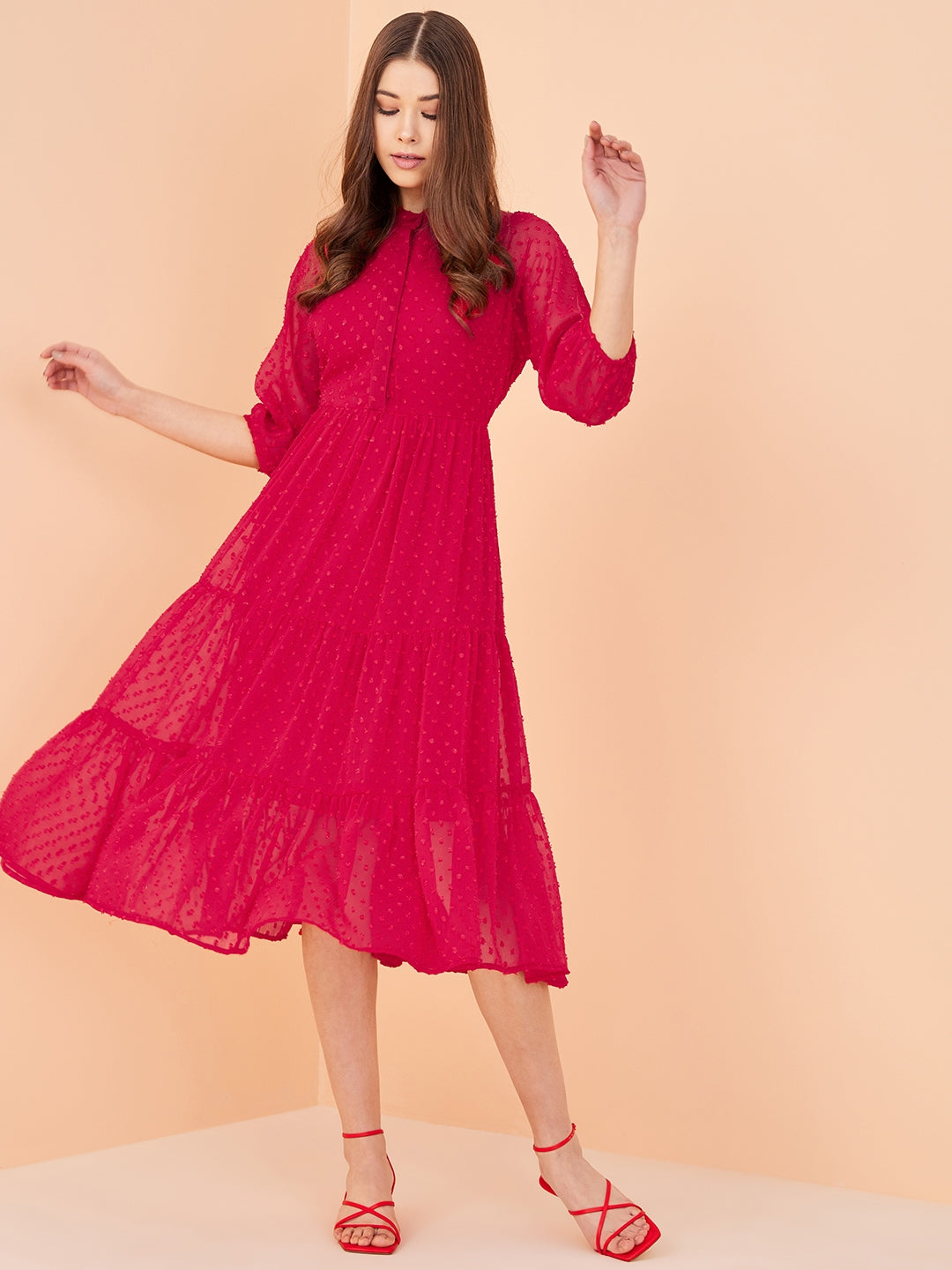 Red Dobby Tiered Midi Dress