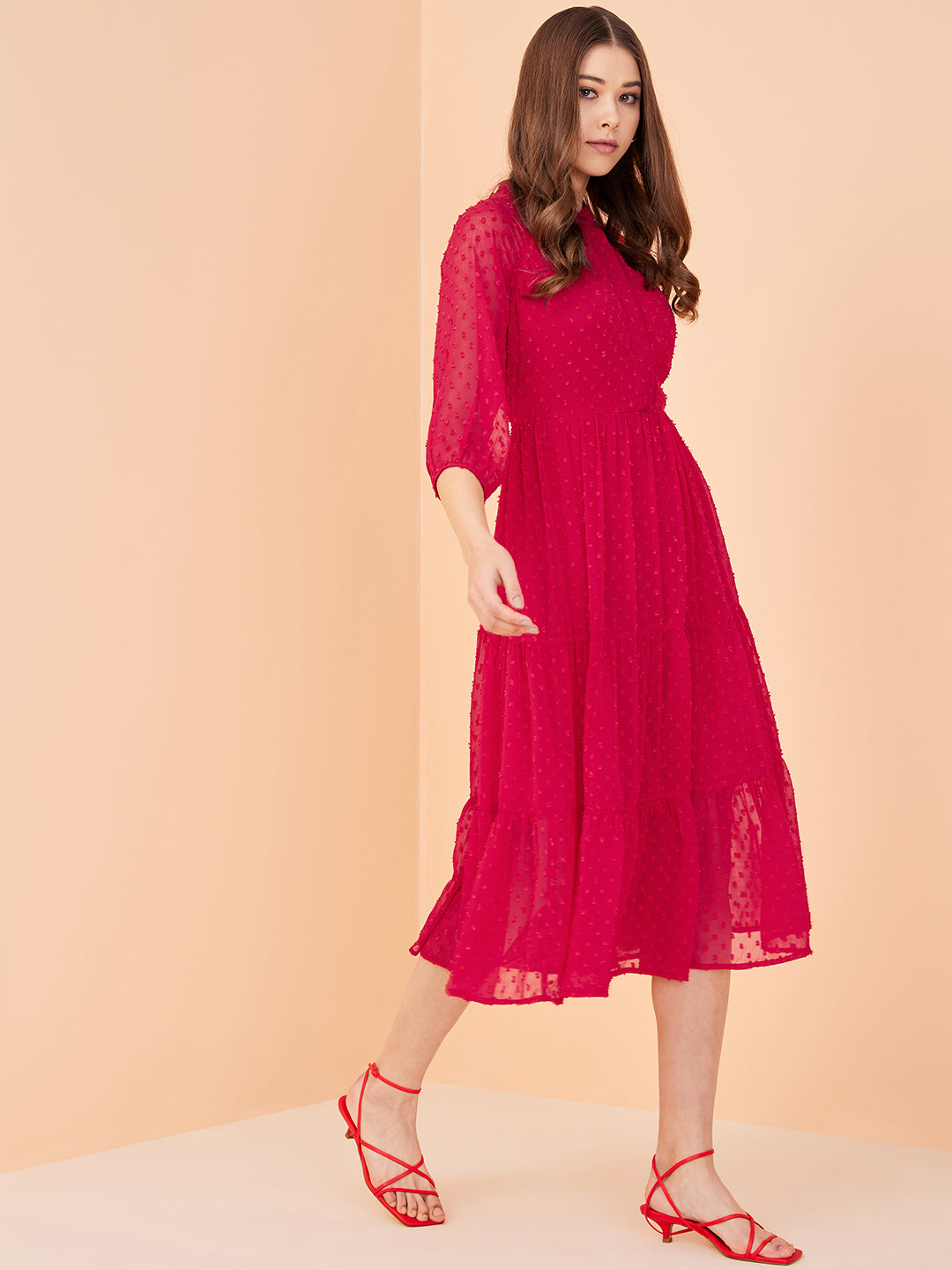 Red Dobby Tiered Midi Dress