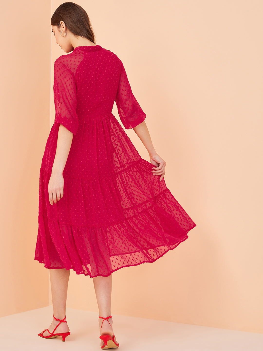 Red Dobby Tiered Midi Dress