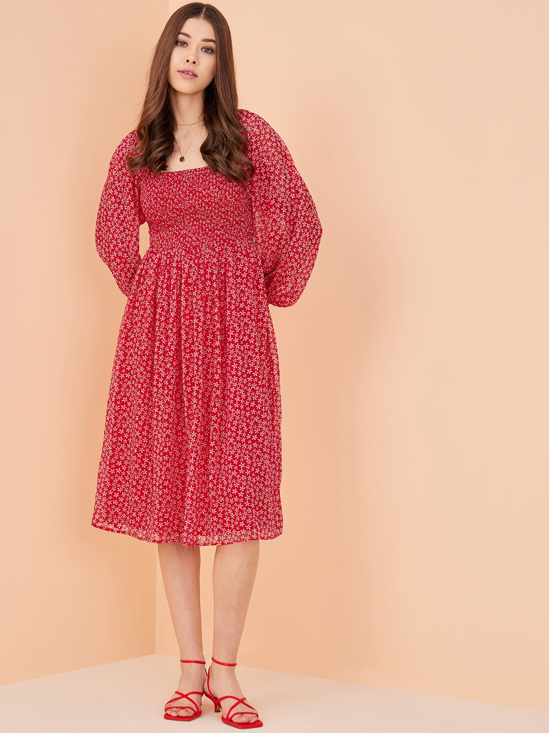 Red Ditsy Floral Smocked Midi Dress