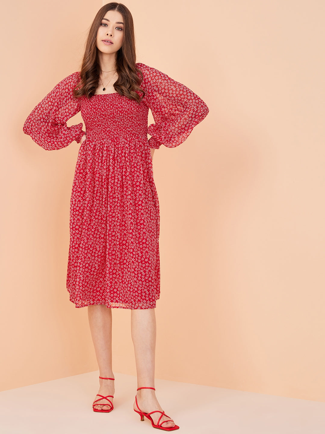 Red Ditsy Floral Smocked Midi Dress