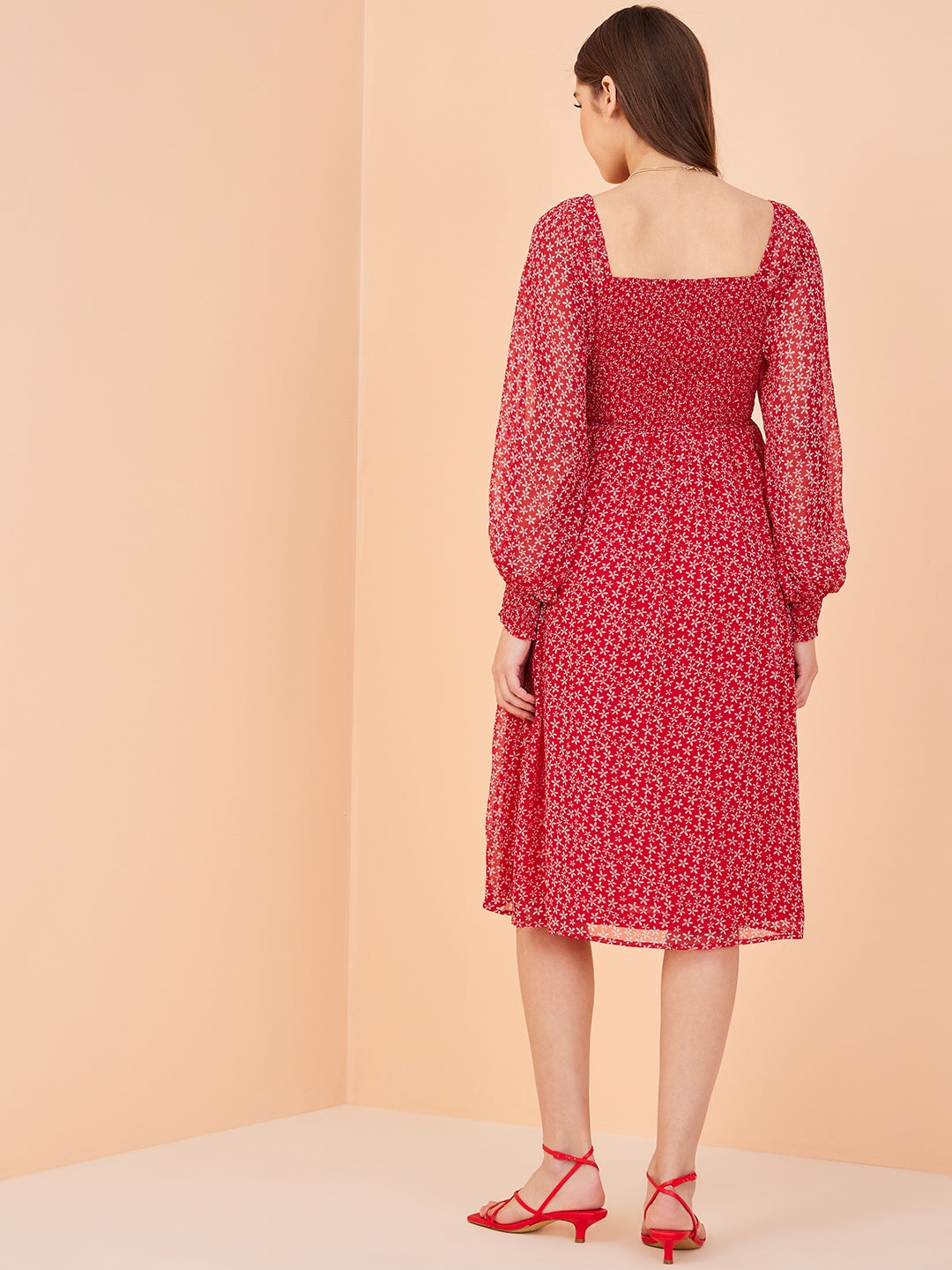 Red Ditsy Floral Smocked Midi Dress