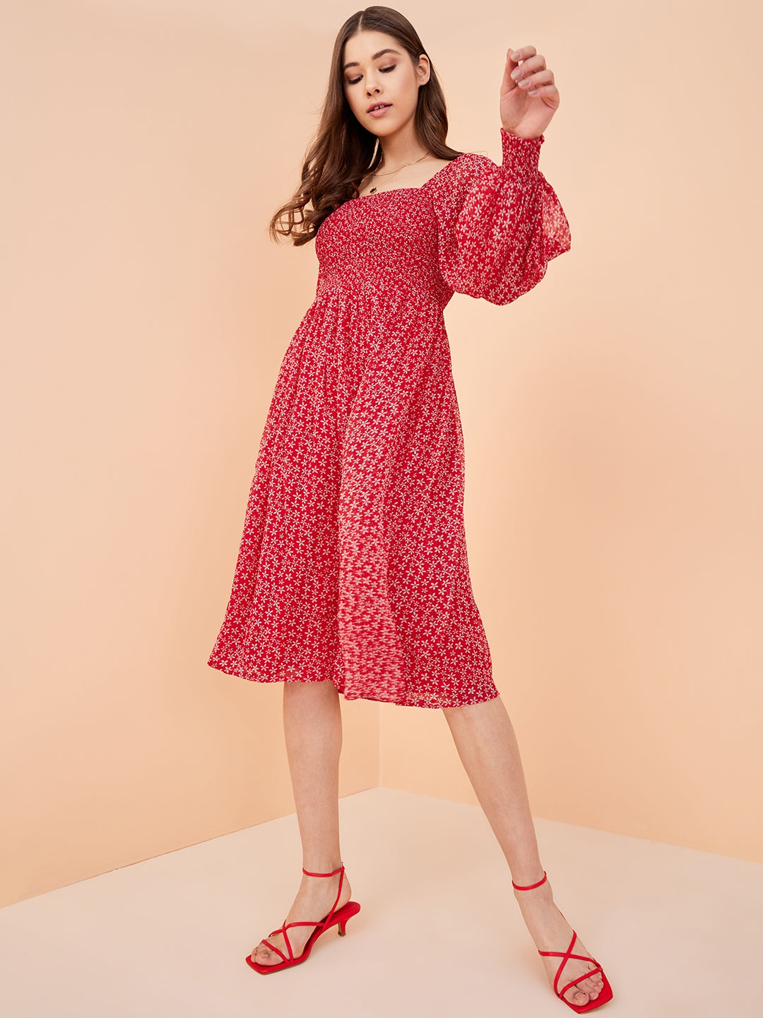 Red Ditsy Floral Smocked Midi Dress