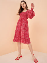 Red Ditsy Floral Smocked Midi Dress