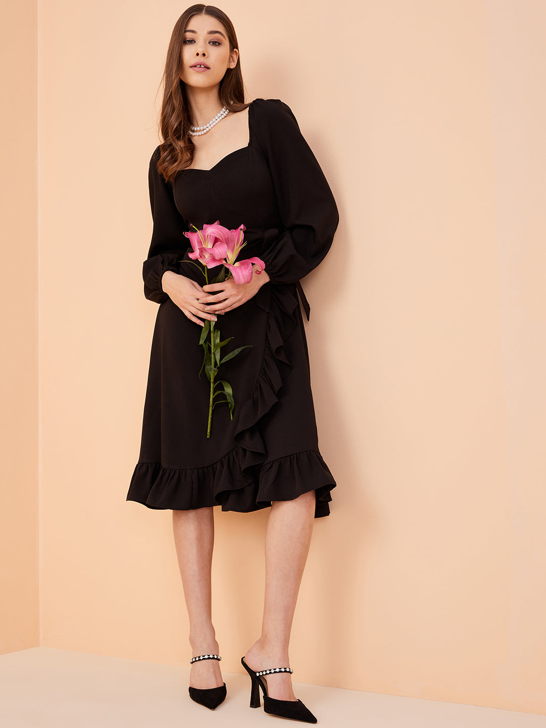Black Formal Wrap Midi Dress