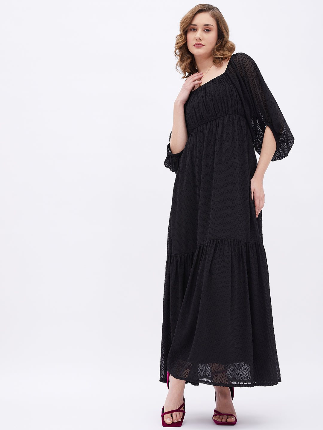 Black Dobby Ruched Tiered Maxi Dress