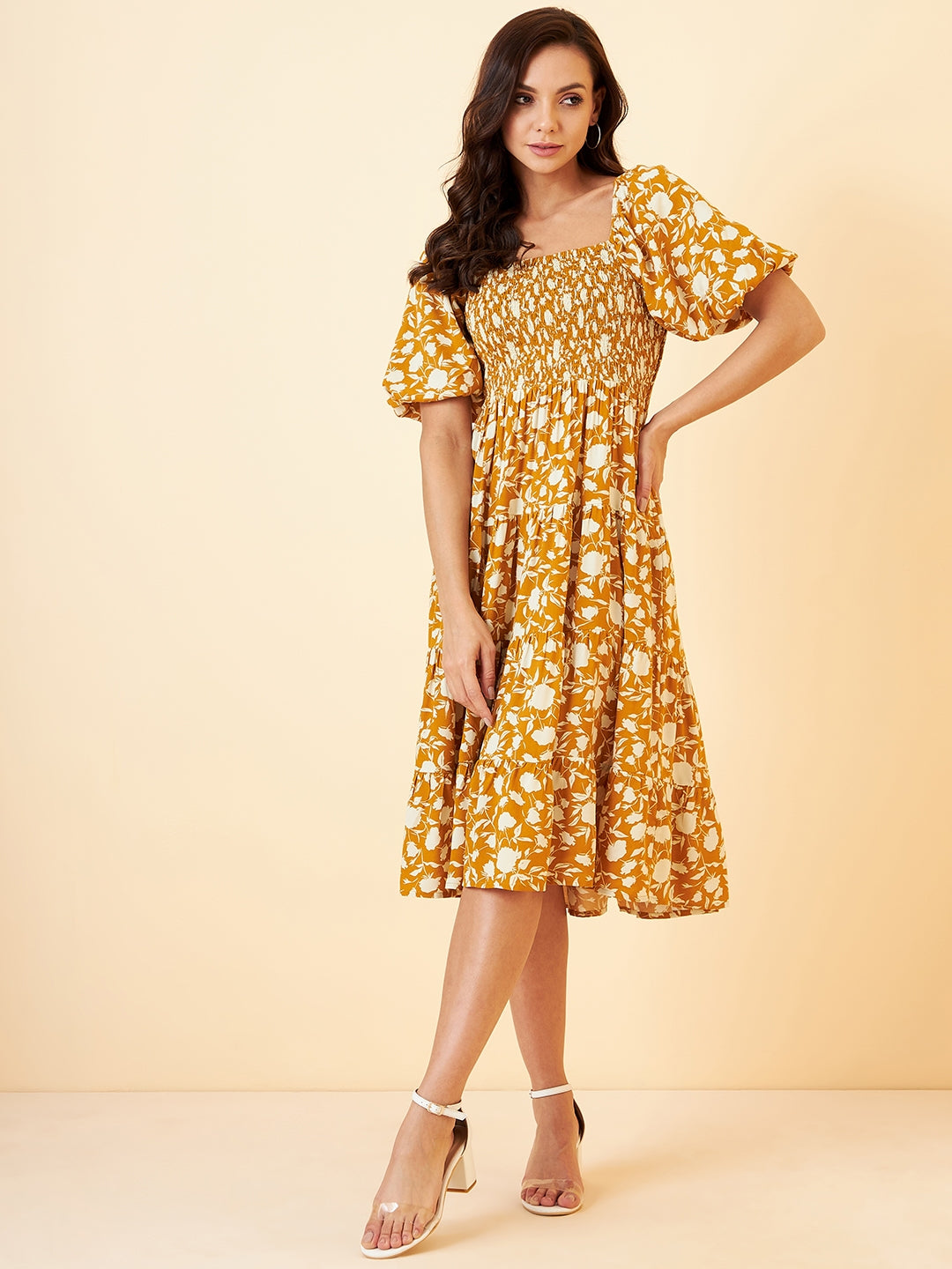 Yellow Floral Smocked Tiered Midi Dress