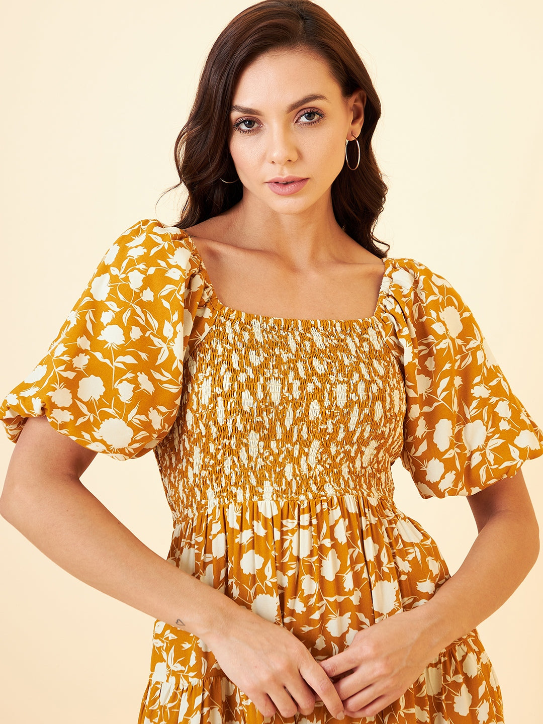 Yellow Floral Smocked Tiered Midi Dress