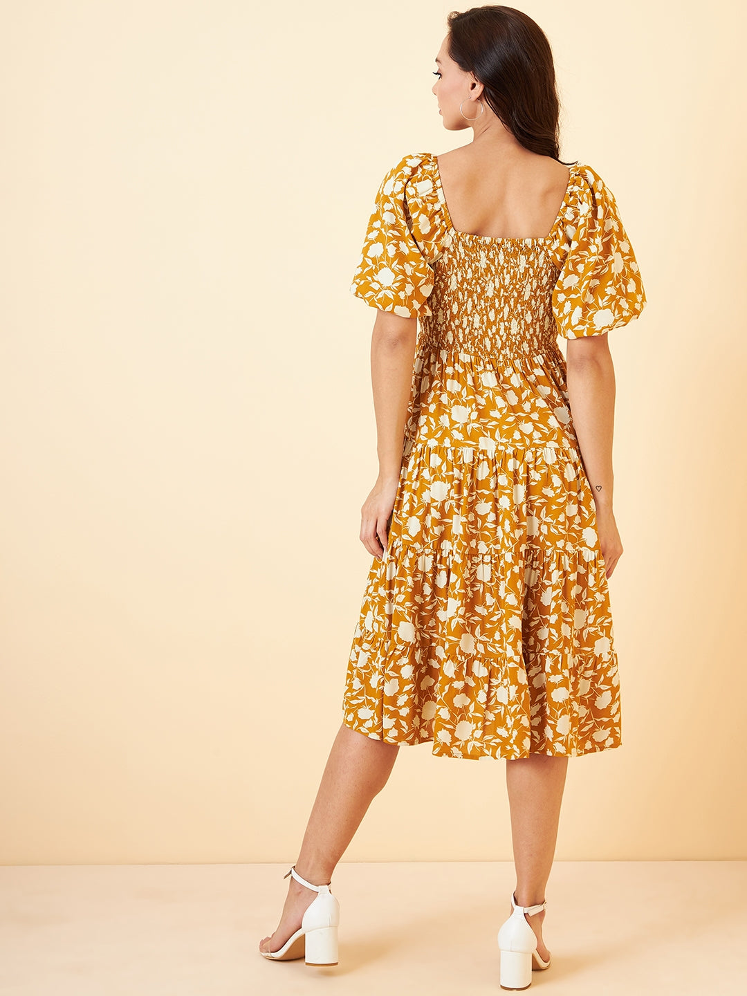 Yellow Floral Smocked Tiered Midi Dress