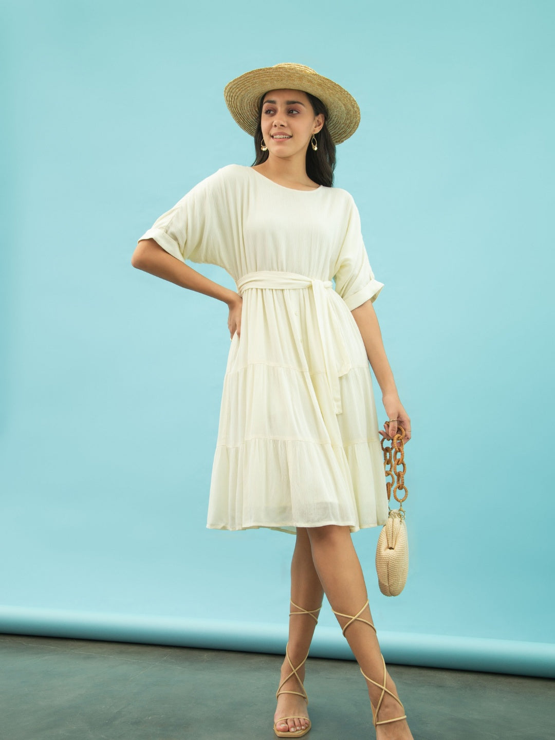 White Round Neck Tier Midi Dress