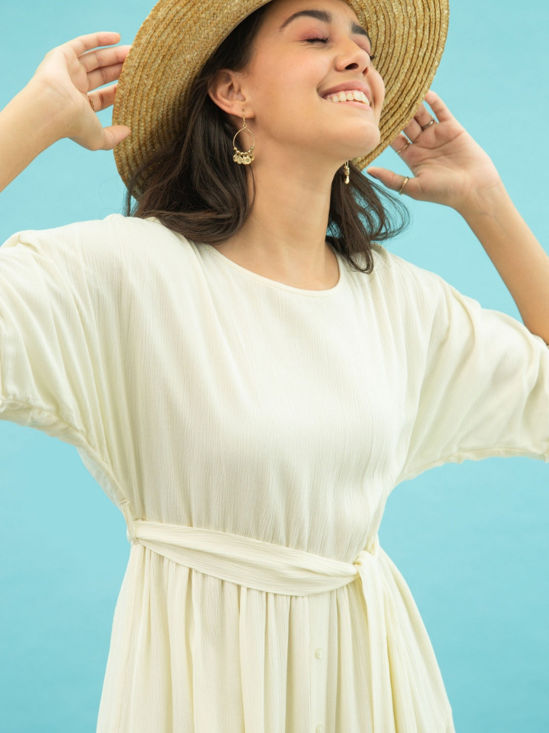 White Round Neck Tier Midi Dress