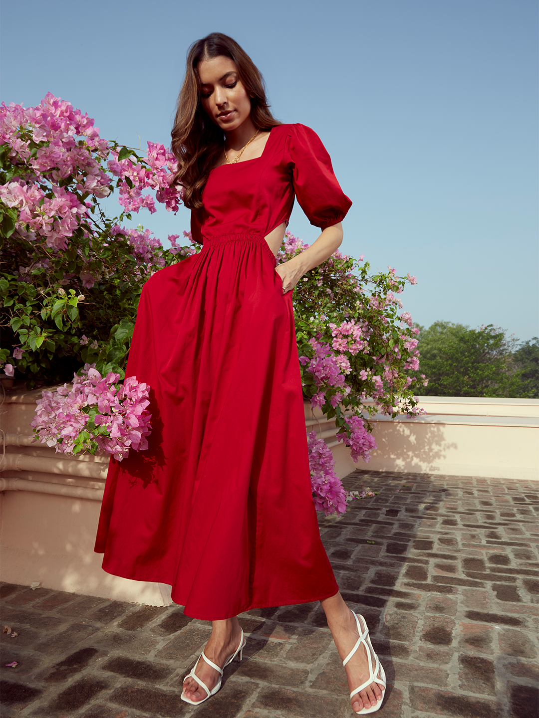 Red Cotton Cut Out Maxi Dress