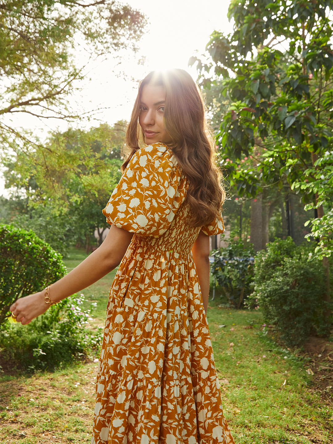 Yellow Floral Smocked Tiered Midi Dress