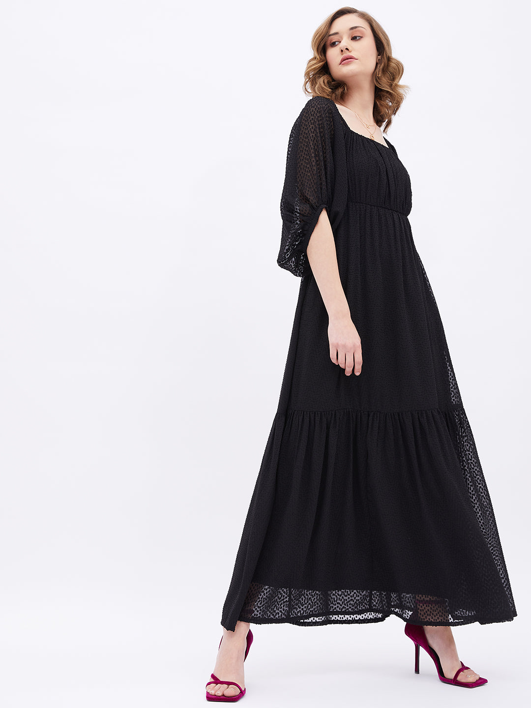 Black Dobby Ruched Tiered Maxi Dress