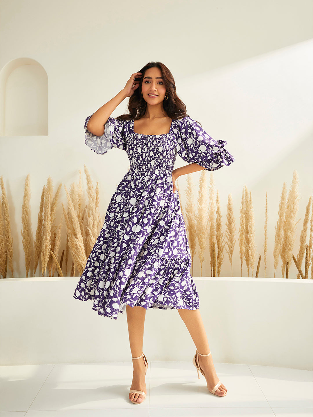 Purple Floral Smocked Tiered Midi Dress