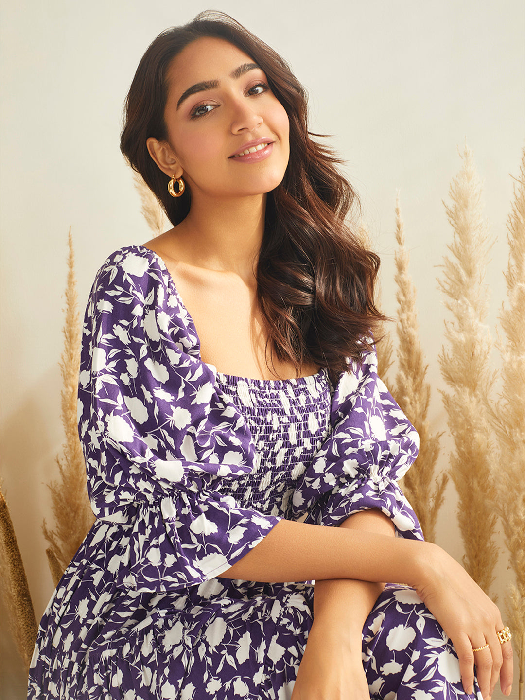 Purple Floral Smocked Tiered Midi Dress