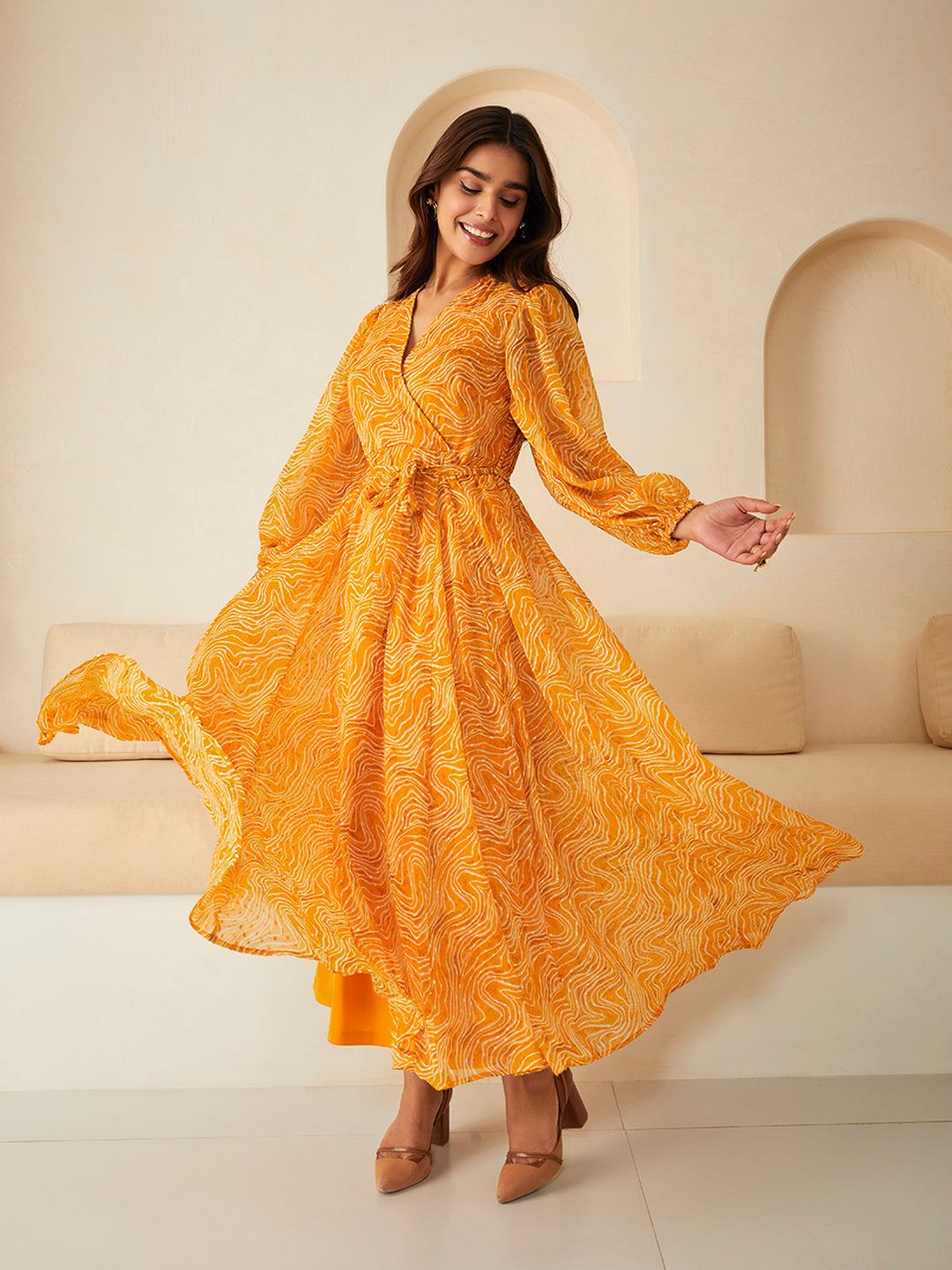 Mustard Abstract Printed Dobby Wrap Maxi Dress