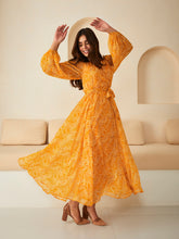 Mustard Abstract Printed Dobby Wrap Maxi Dress