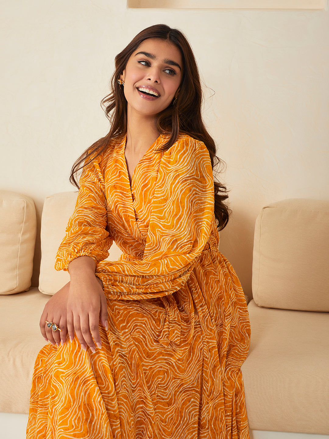 Mustard Abstract Printed Dobby Wrap Maxi Dress