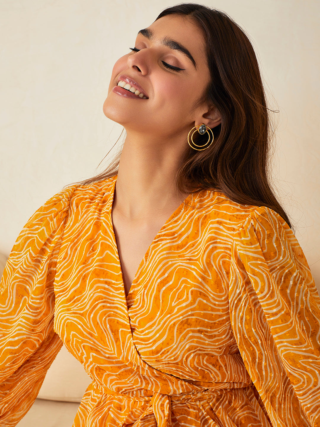 Mustard Abstract Printed Dobby Wrap Maxi Dress