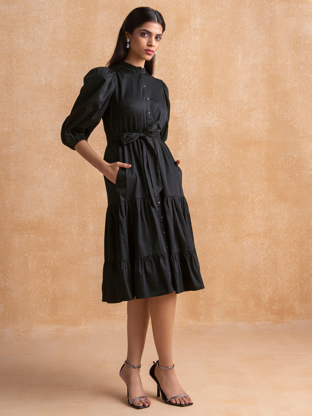 Black Button Down Tier Midi Dress