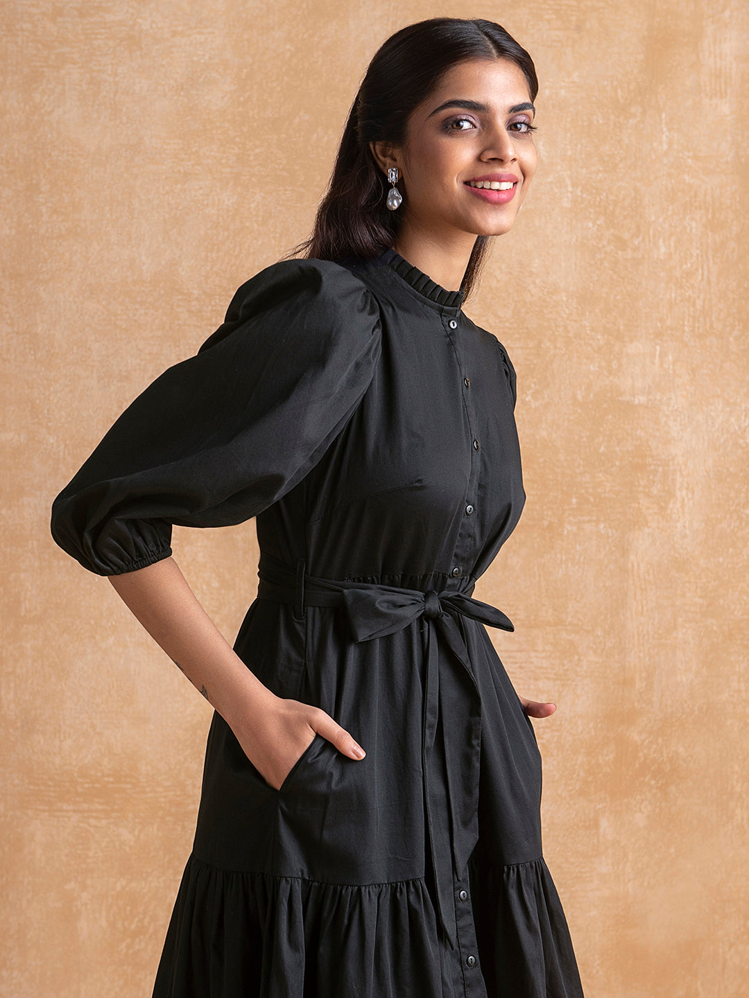 Black Button Down Tier Midi Dress