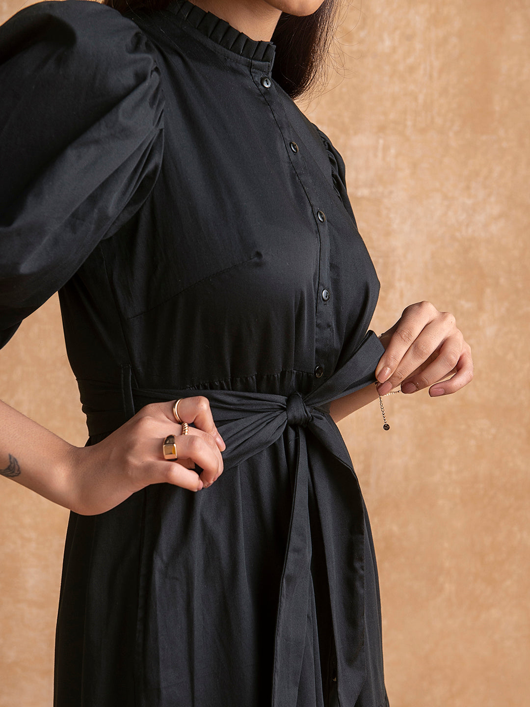 Black Button Down Tier Midi Dress