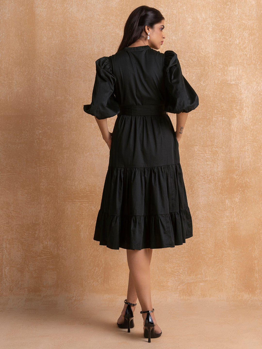 Black Button Down Tier Midi Dress