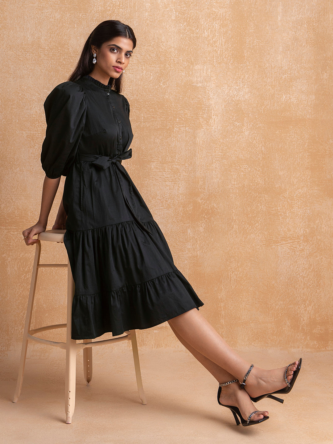 Black Button Down Tier Midi Dress