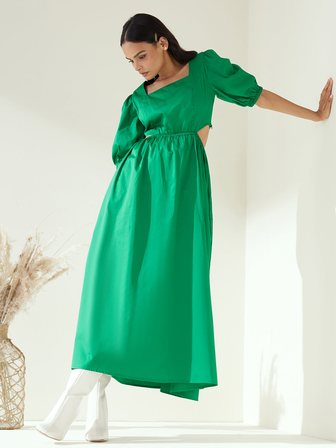 Green Cotton Cut Out Maxi Dress