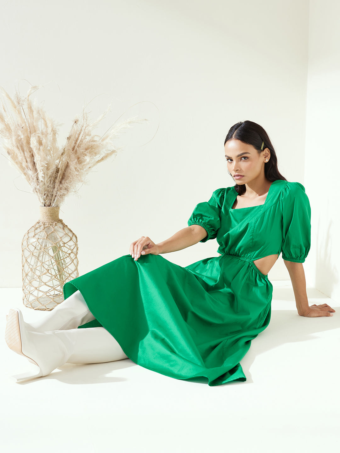 Green Cotton Cut Out Maxi Dress