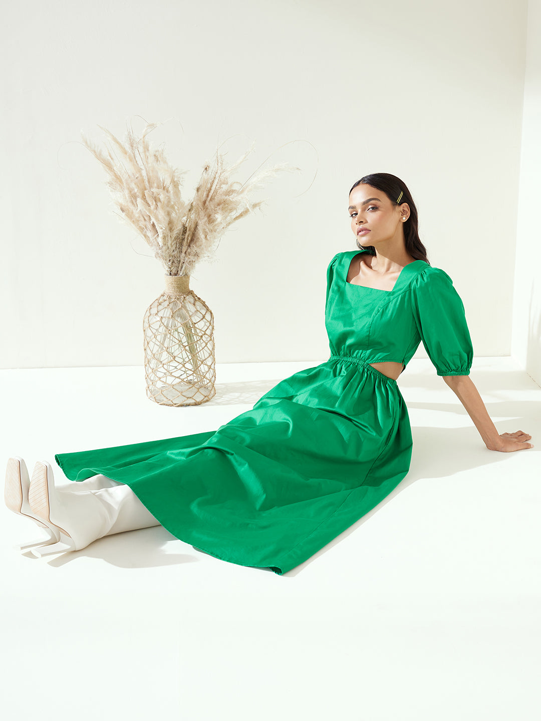 Green Cotton Cut Out Maxi Dress