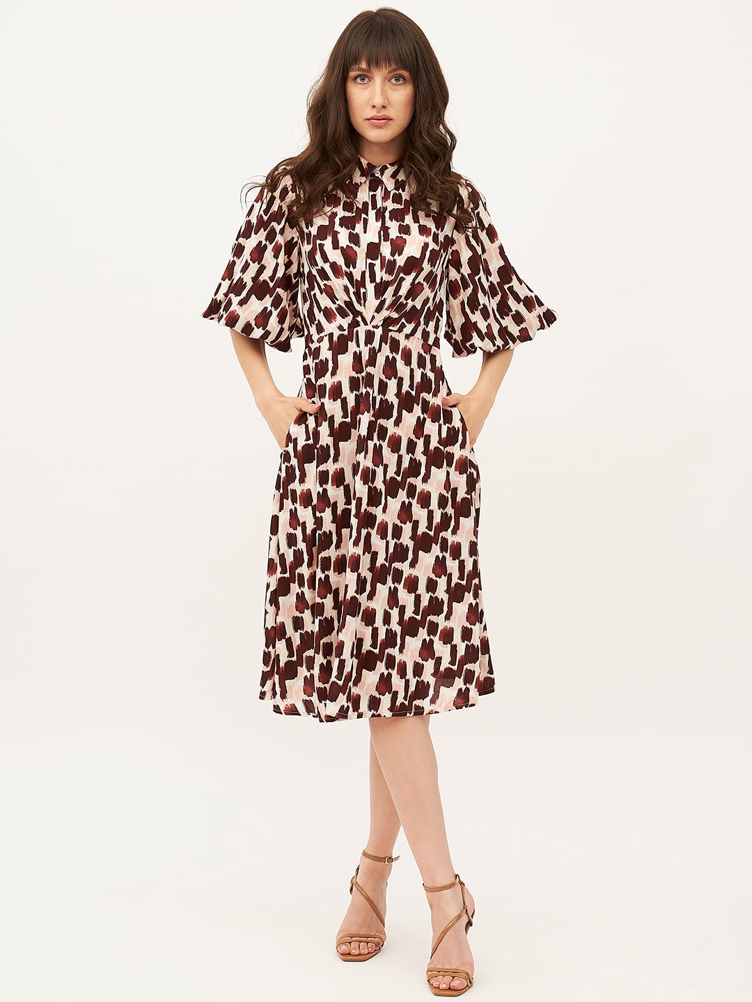 Brown Stoke Printed Draped Midi Dress