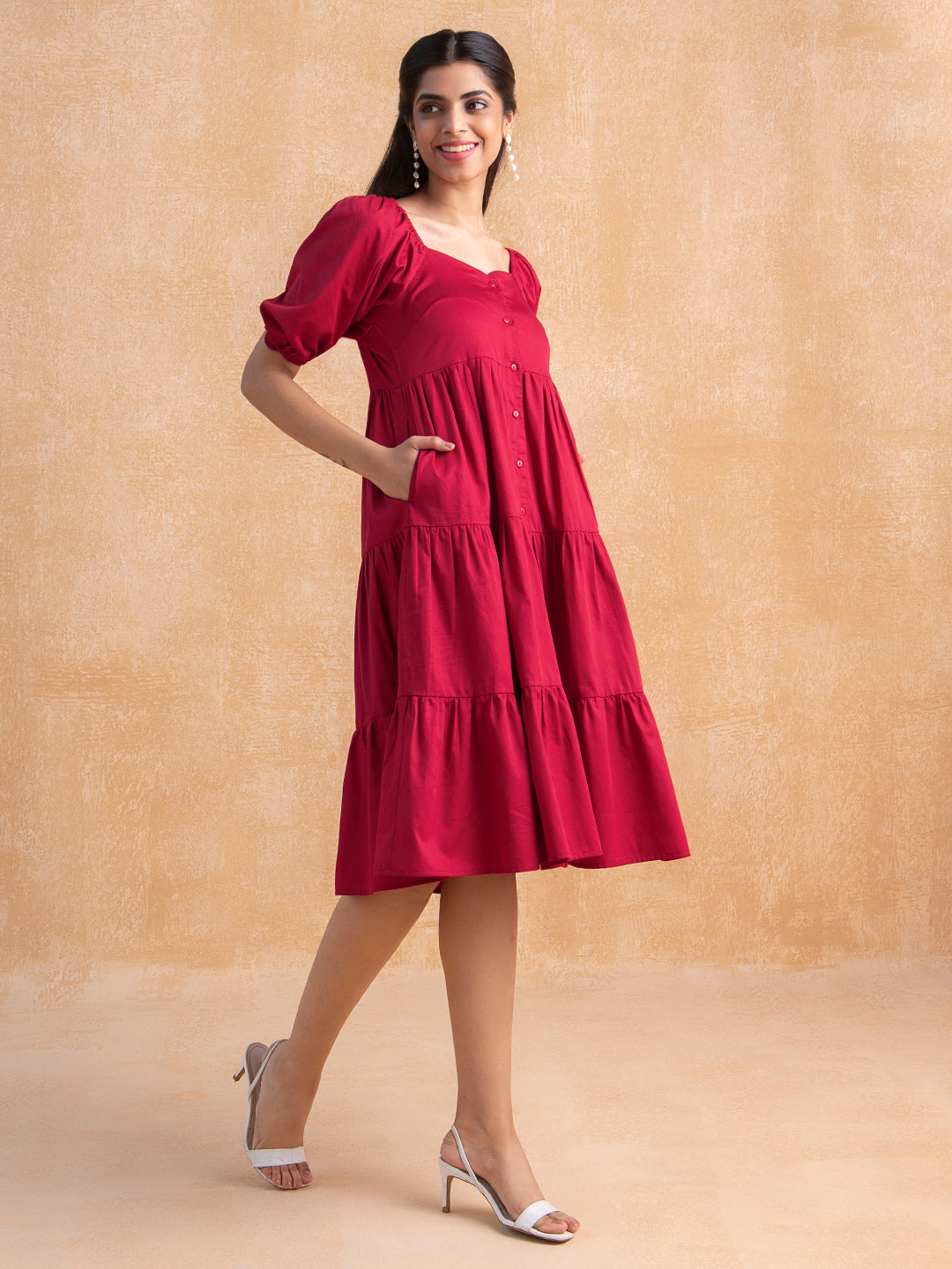 Red Cotton Tiered Shirt Midi Dress