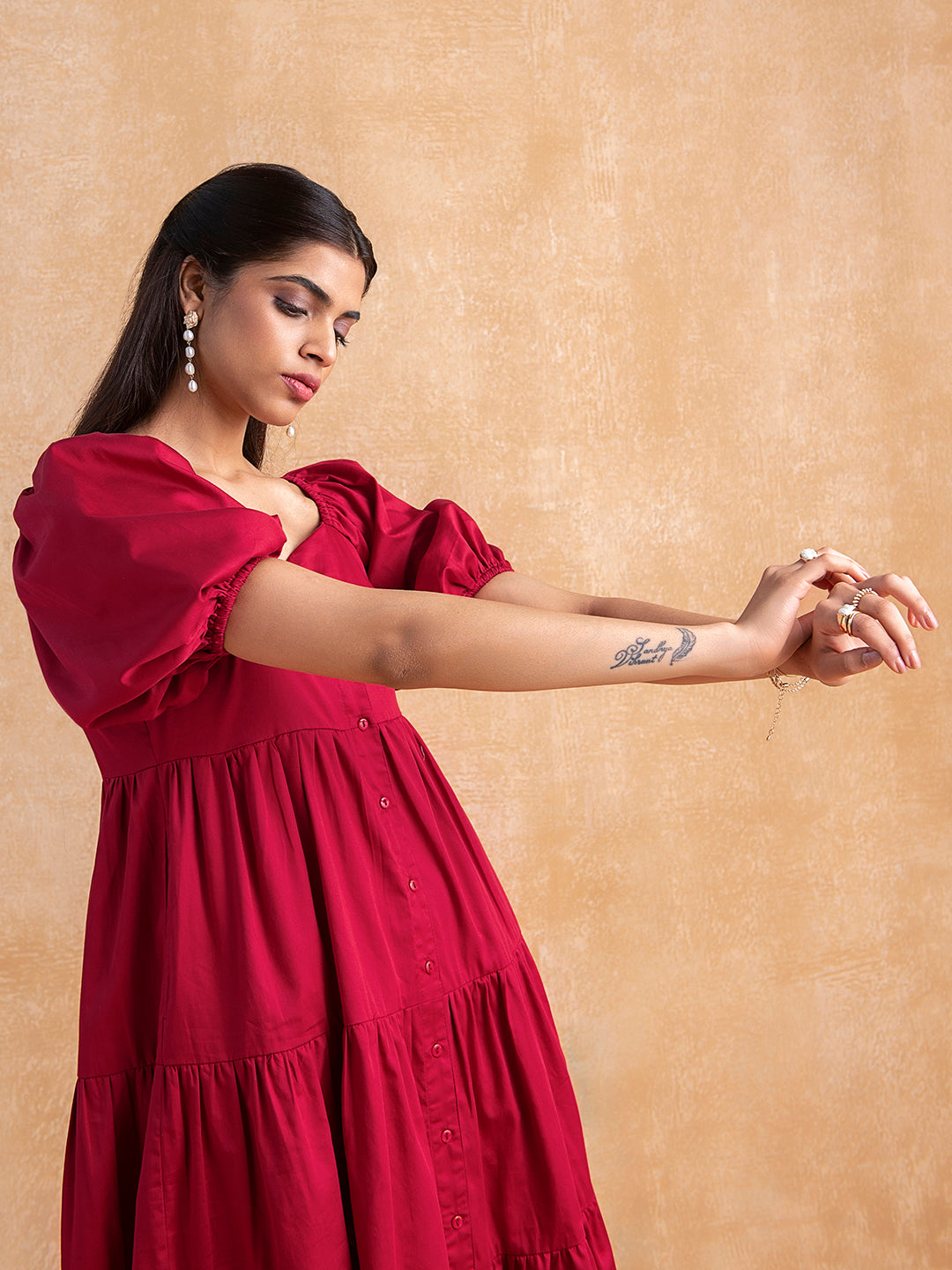 Red Cotton Tiered Shirt Midi Dress