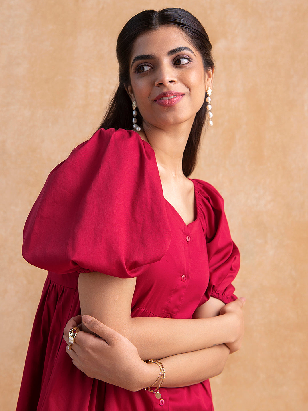 Red Cotton Tiered Shirt Midi Dress