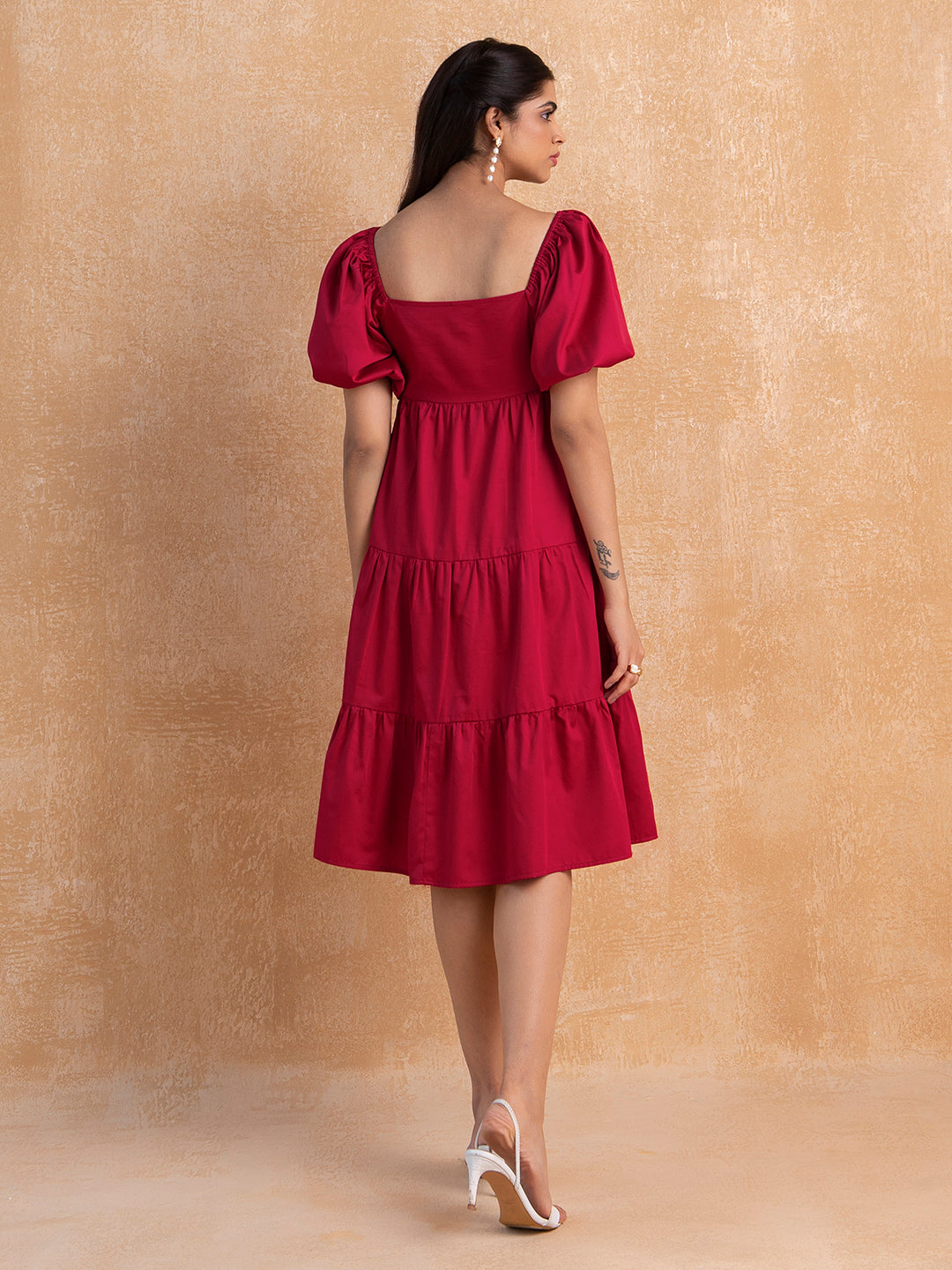 Red Cotton Tiered Shirt Midi Dress