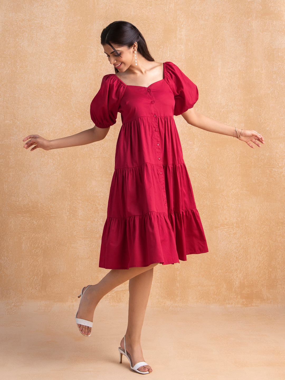 Red Cotton Tiered Shirt Midi Dress