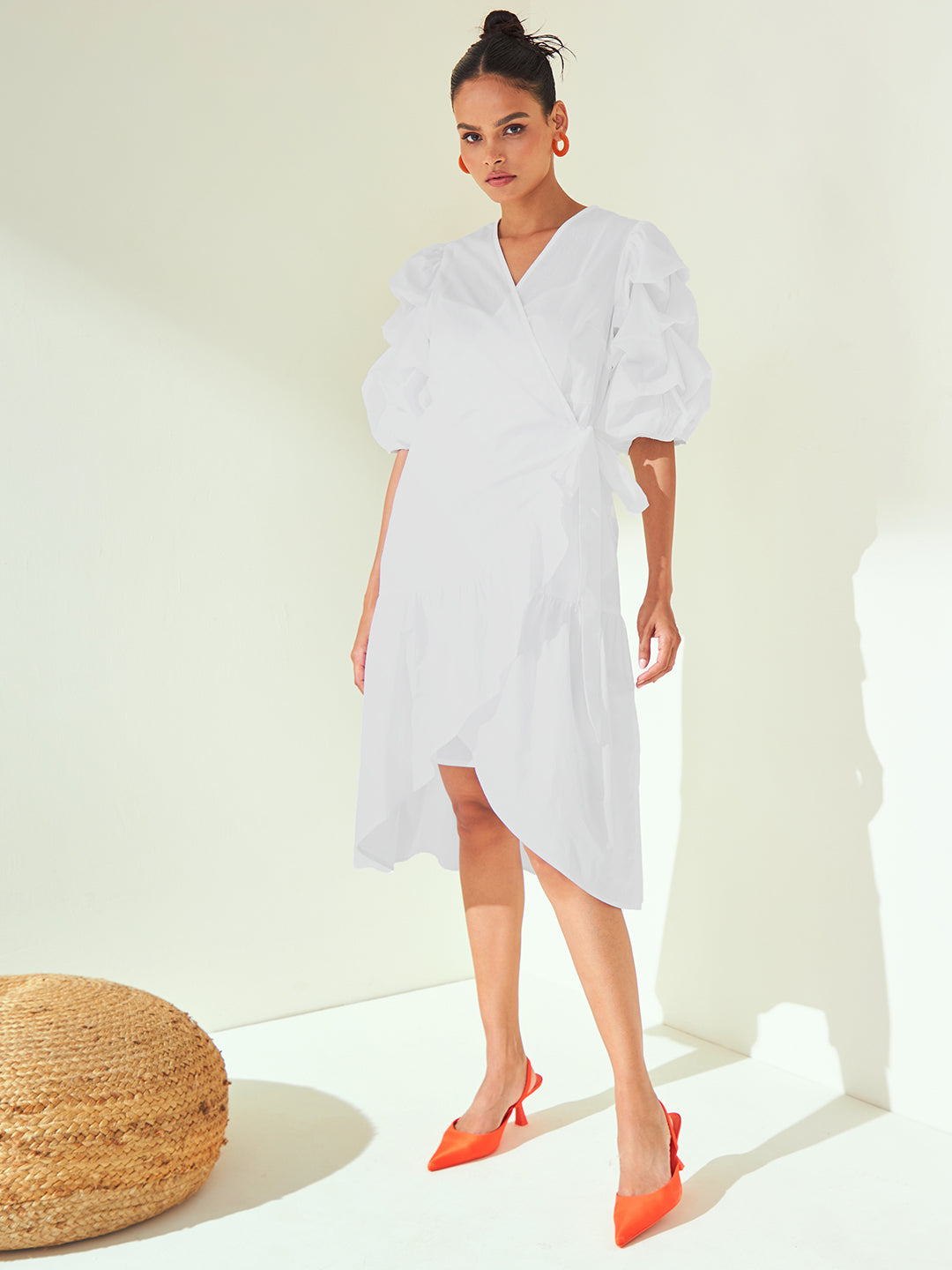 White Cotton Poplin Wrap Midi Dress