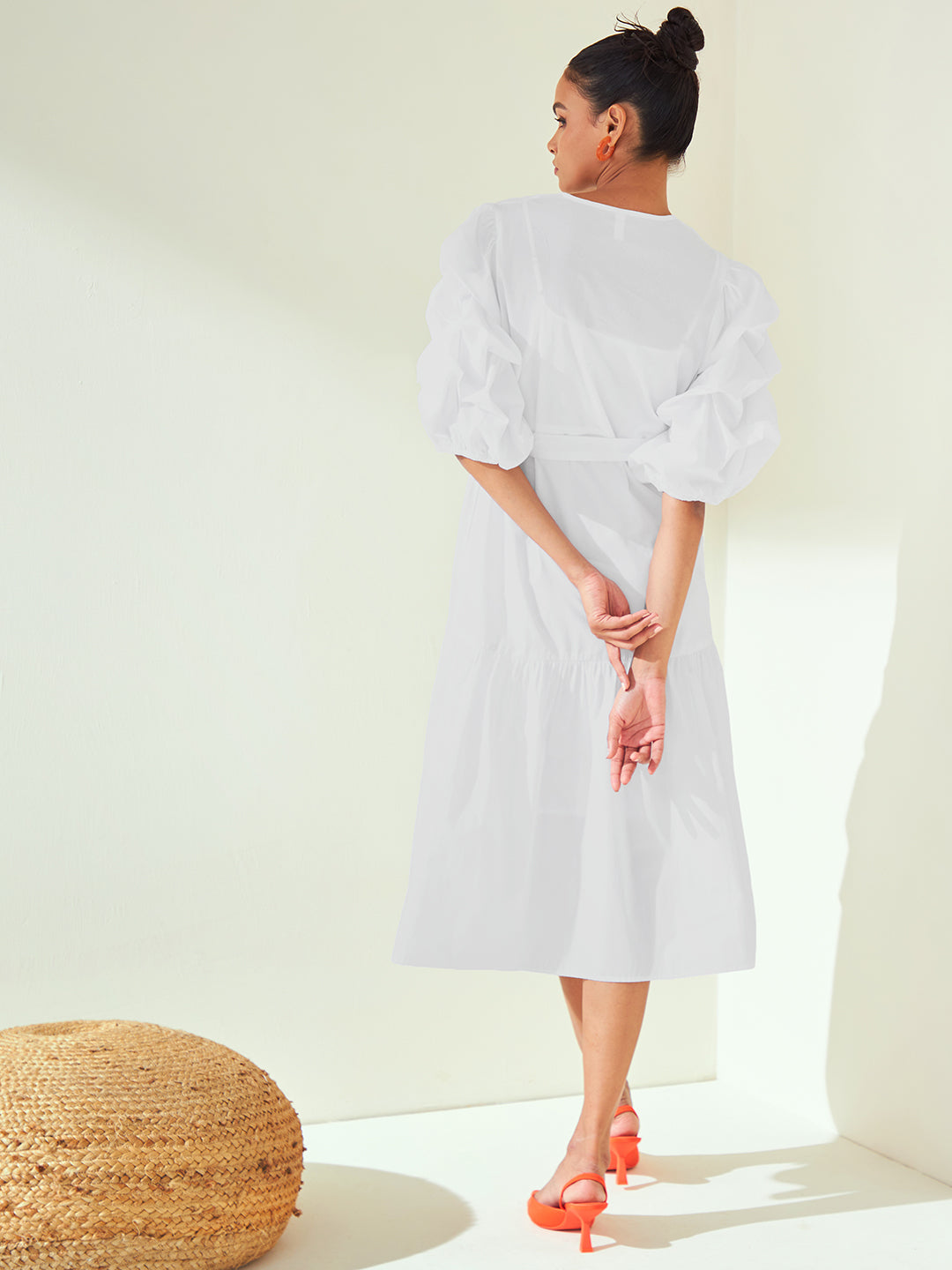 White Cotton Poplin Wrap Midi Dress