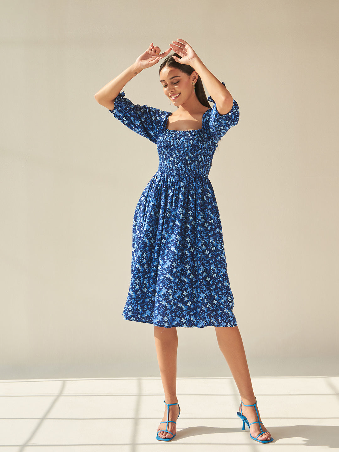 Blue Floral Smocked Midi Dress